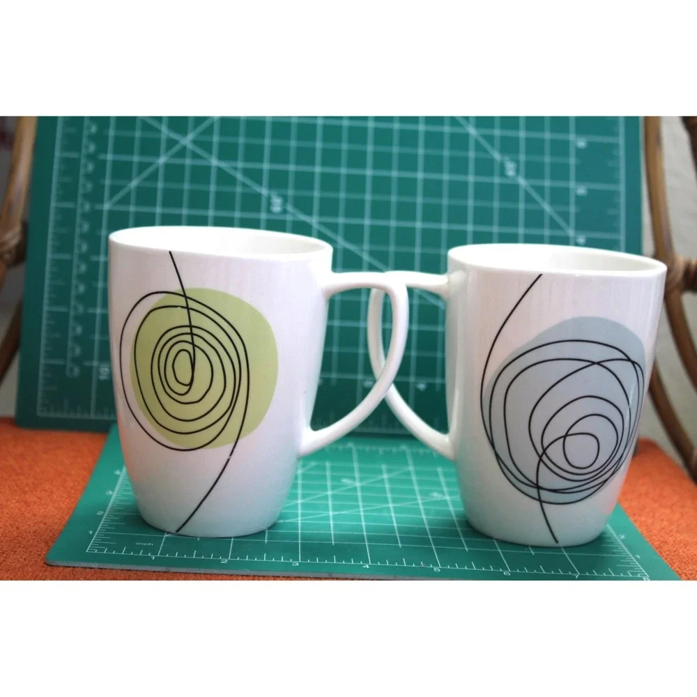 Corelle Coordinates Porcelain Mugs Set of 2 Abstract Scribble Swirl Green Blue - Picture 2 of 6